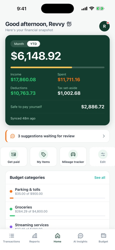 Home screen with income, spending, deductions and tax set-aside