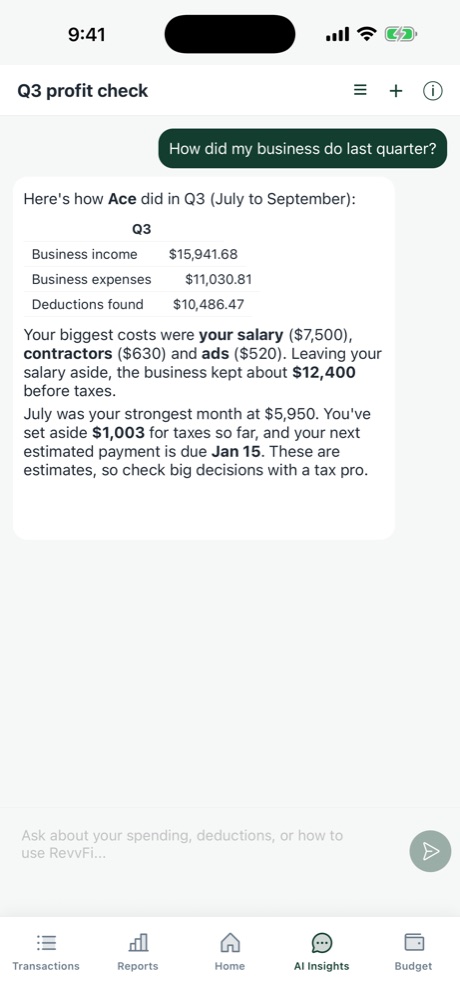 Revvy, the AI assistant, answering how the business did last quarter